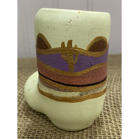 Vintage Southwestern Boot-Shaped Clay Vase With Cactus Desert Motif - Picture 2 of 7
